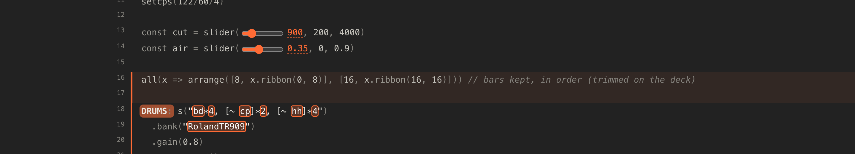 The arrange line at the top of the code after a cut, marked as a changed line