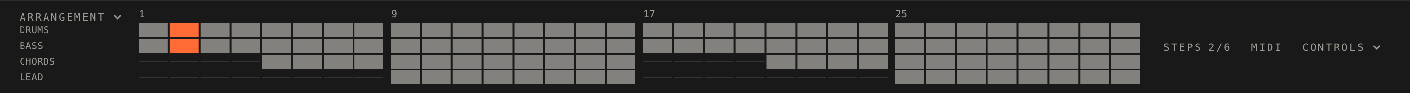 The arrangement strip opened, showing a song whose tracks come in over the 32 bars