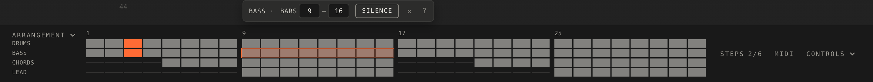 A stretch of one track's row picked on the open strip, with the Silence button