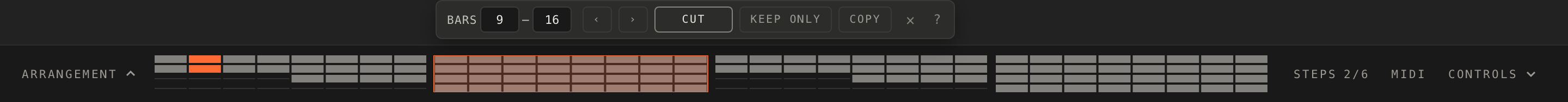 The arrangement strip open with track names, four bars picked and the trim toolbar above them