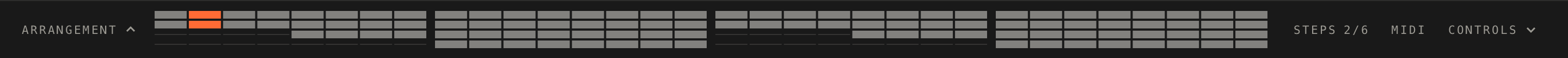 The arrangement strip under the stage, 32 bars wide, with the playing bar lit