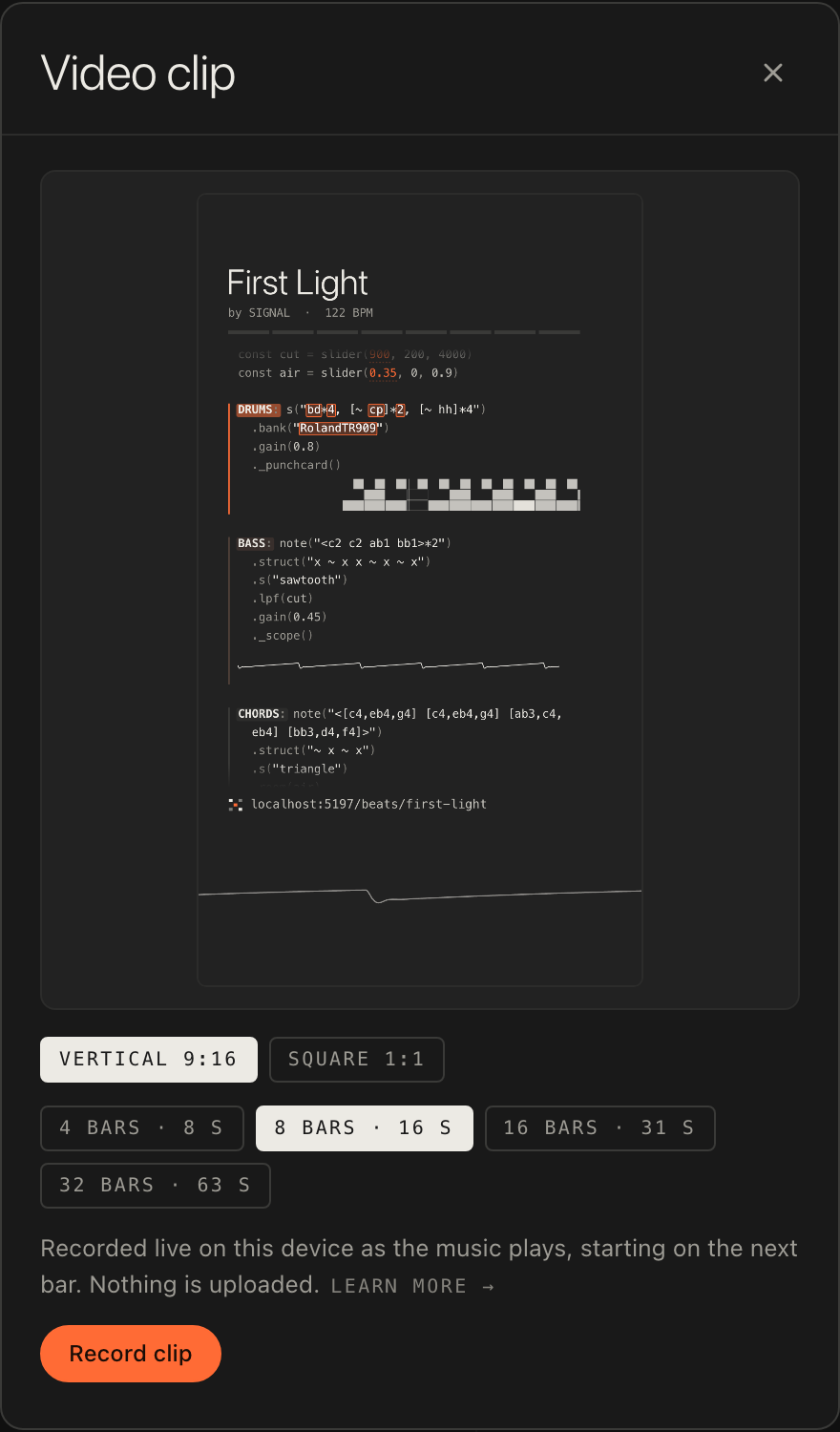 The Video clip sheet: shape chips for Vertical and Square, length chips in bars and seconds, and the Record clip button