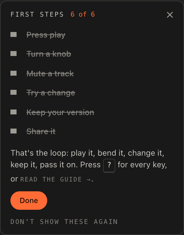 The First steps card with every step ticked and its closing line