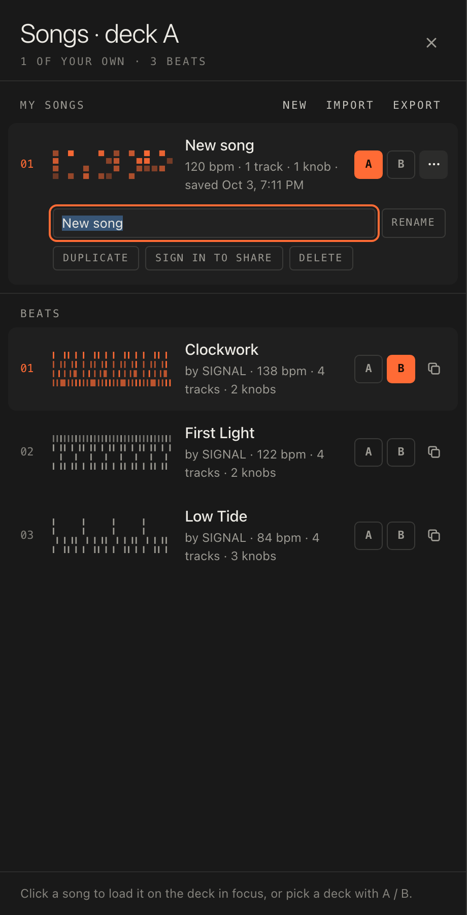A song's ⋯ menu in the song list: Rename, Duplicate, Share…, Delete