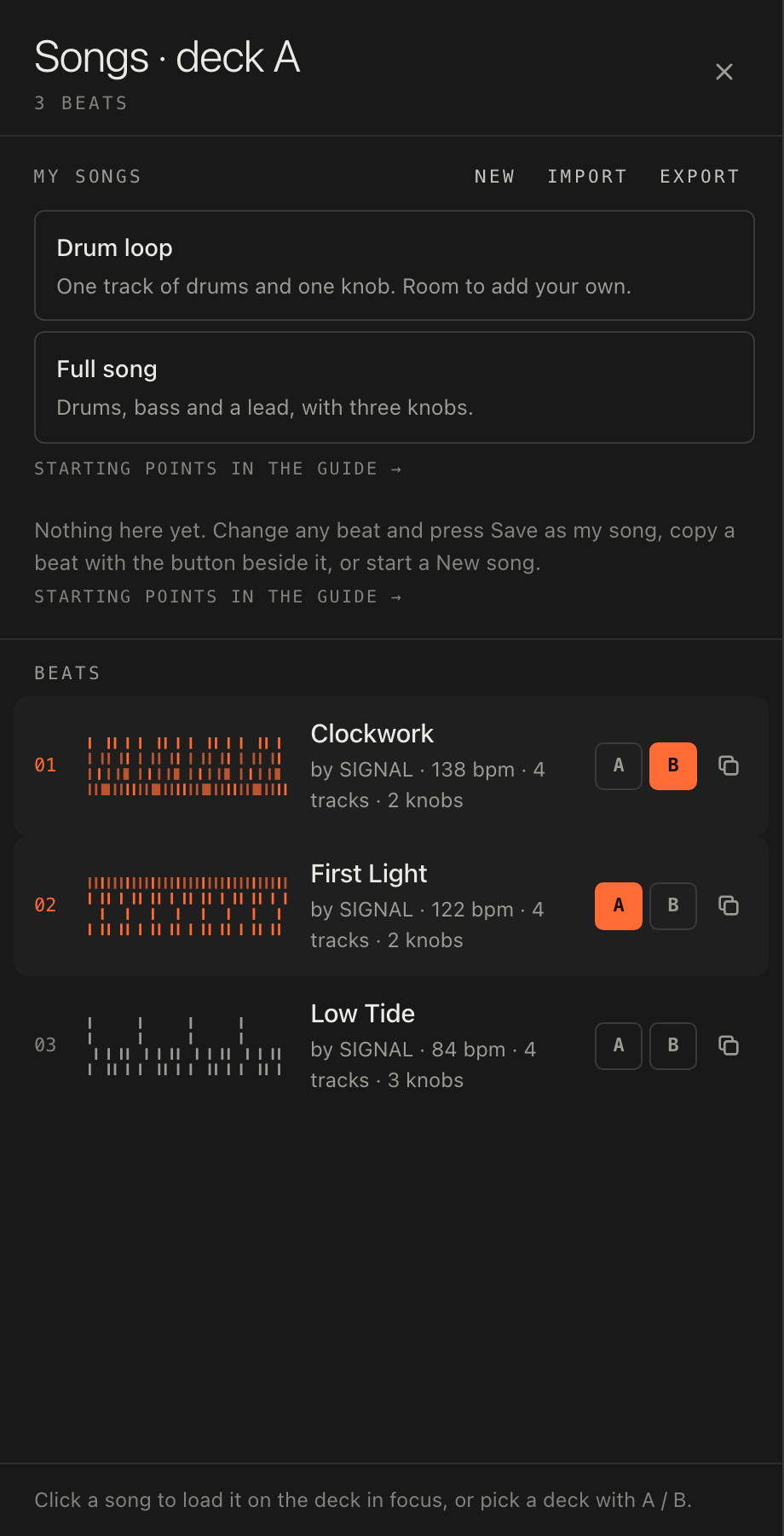 The New panel in the song list, with the Drum loop and Full song starters