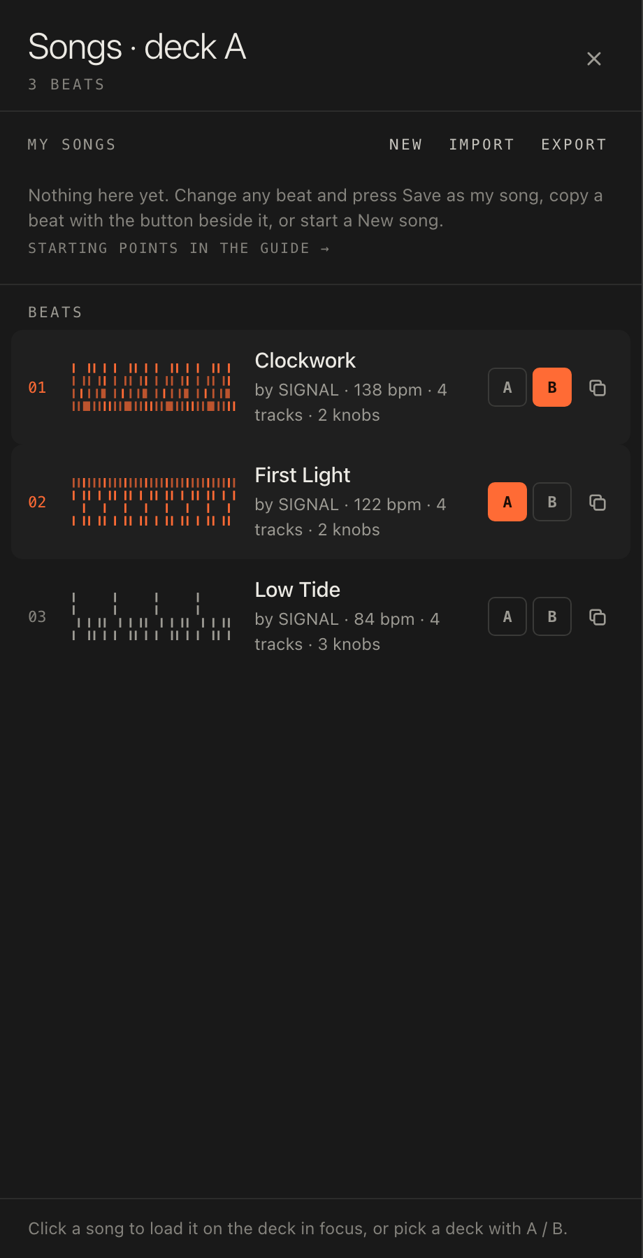 The song list with My songs open: the New, Import and Export buttons above your songs