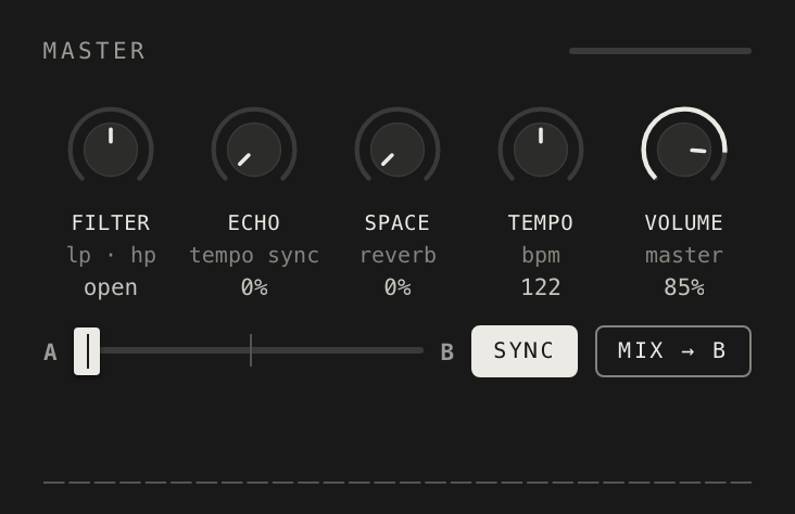 The Master panel: Filter, Echo, Space, Tempo and Volume knobs over the crossfader, with a spectrum below