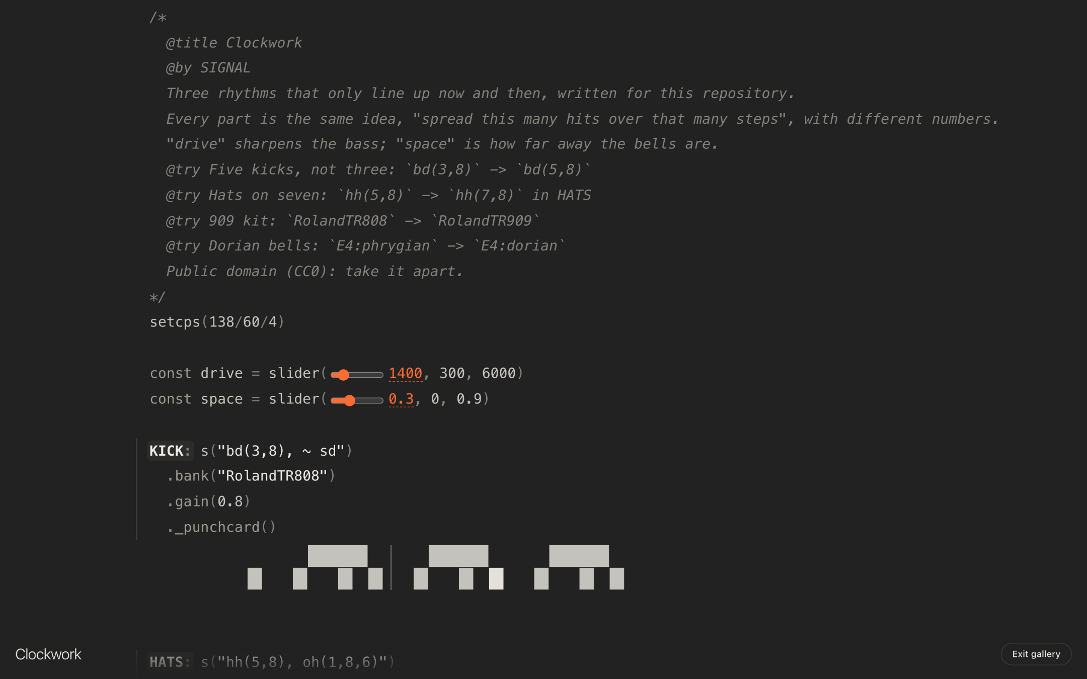 The code alone, full screen, in large type, with an Exit gallery button at the top