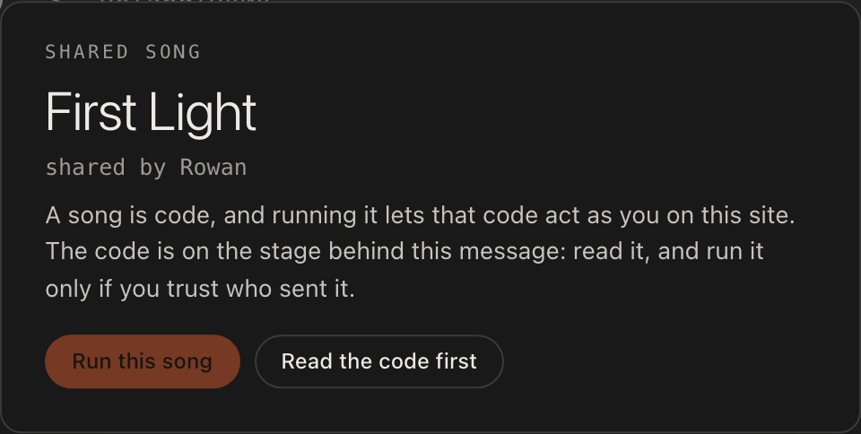 The question before a shared song runs: Run and keep a copy, or Read the code first