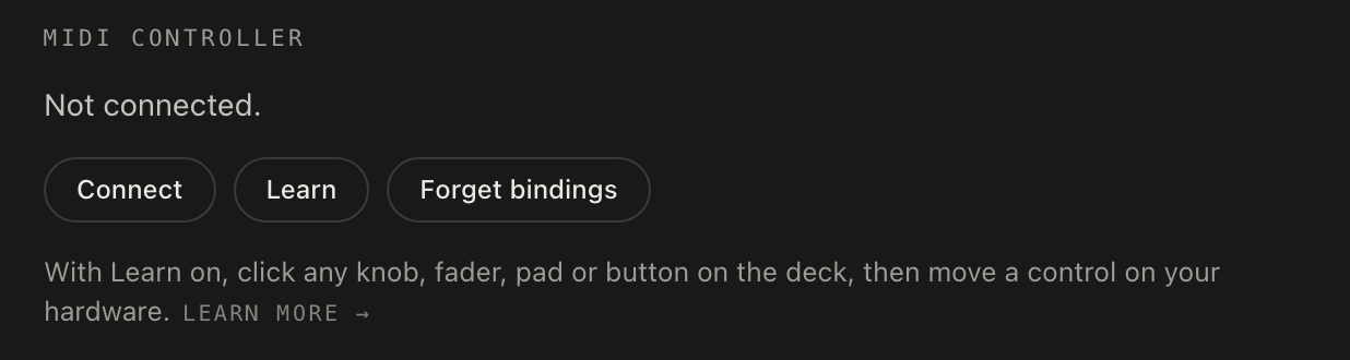 The MIDI controller section of the help sheet: a status line, and the Connect, Learn and Forget bindings buttons