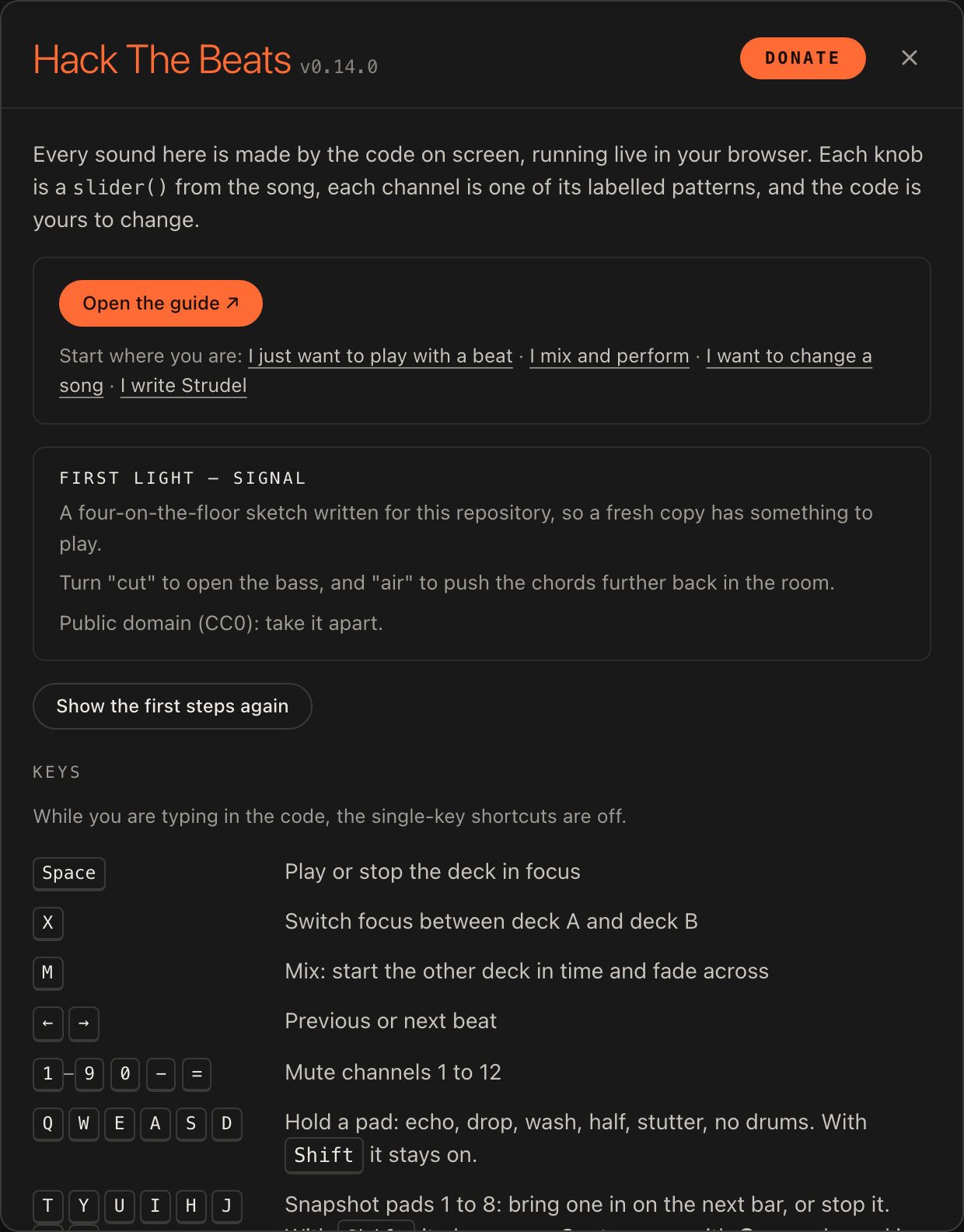The help sheet open over the player, with the Open the guide button and the song's notes