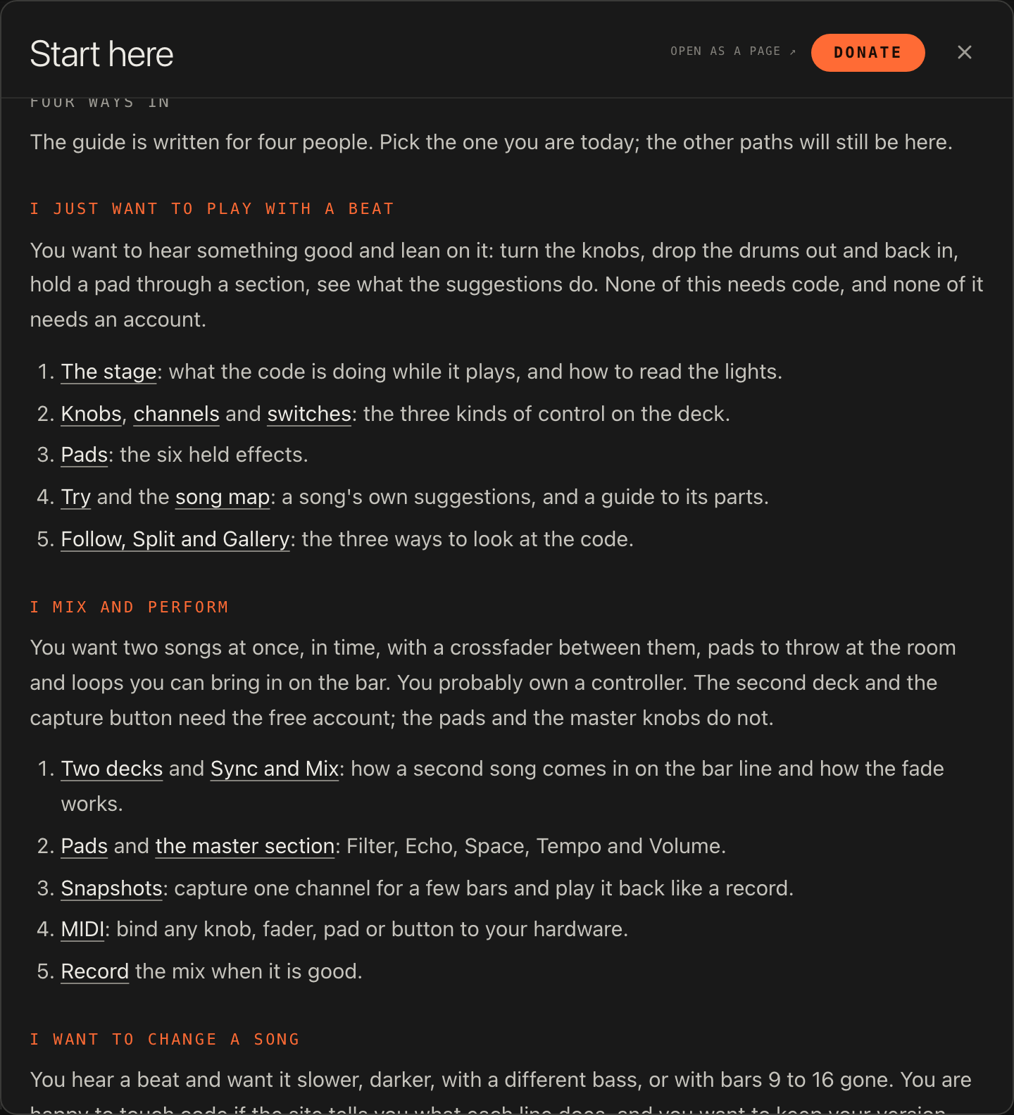A guide article open in a reader over the player, with Open as a page at the top