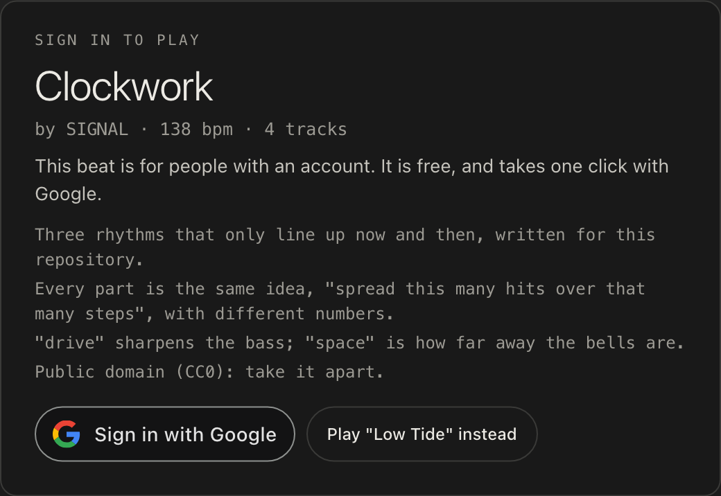 The curtain for a beat that needs an account, with Sign in with Google and a button to play a featured beat instead
