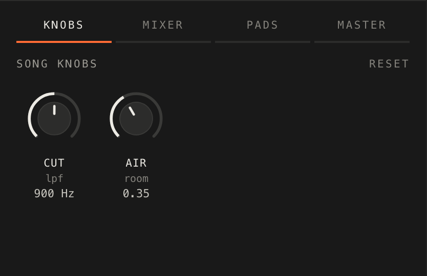 The deck on a phone, with the Knobs, Mixer, Pads and Master tabs across the top and the Mixer panel open
