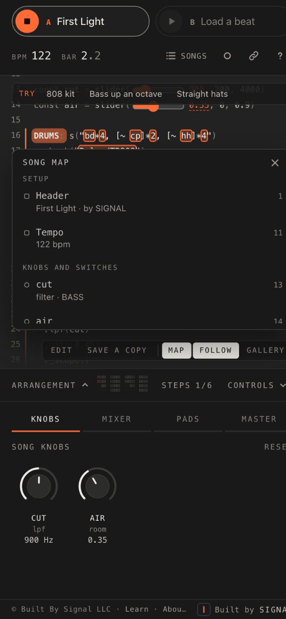 The song map on a phone, opened from the Map button over the code