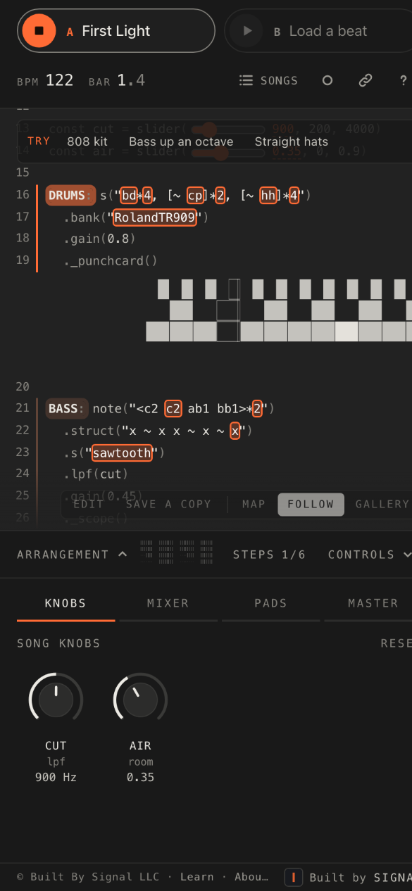 The player on a phone: the top bar, the code, and the deck with its four tabs
