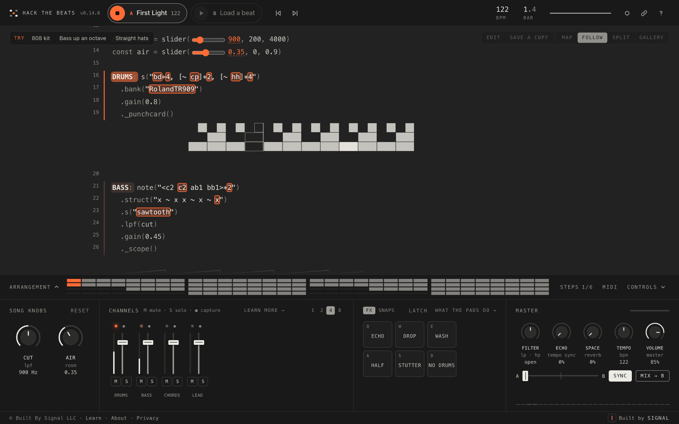 The whole player: the code on the stage above, the deck with its knobs, channels and pads below