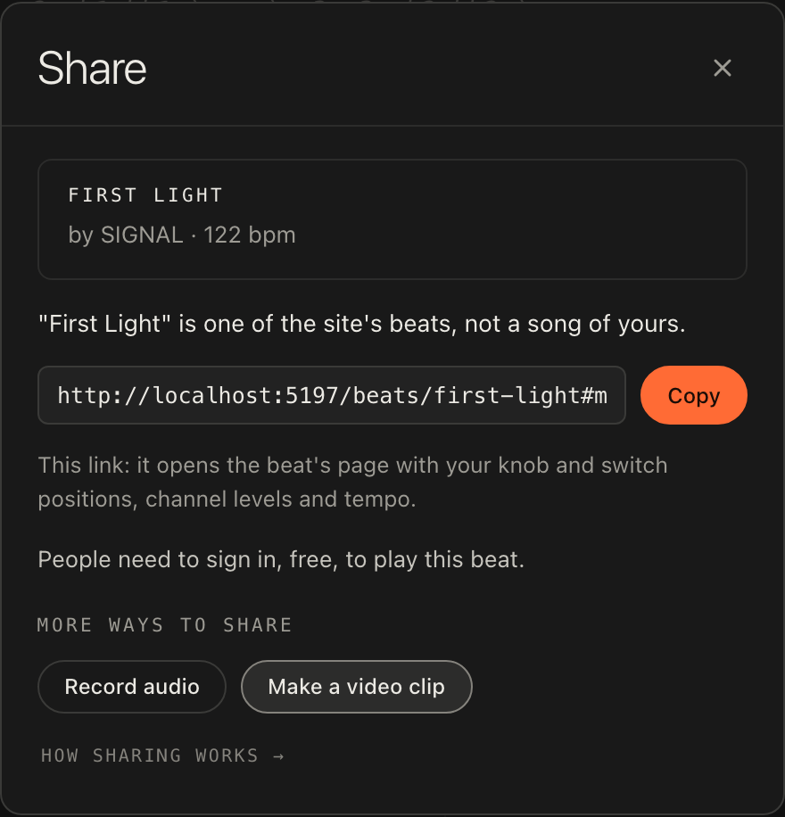 The share sheet for one of your songs: the Share by link switch, the link with Copy and Share…, the Let the site feature this box and the More ways to share buttons