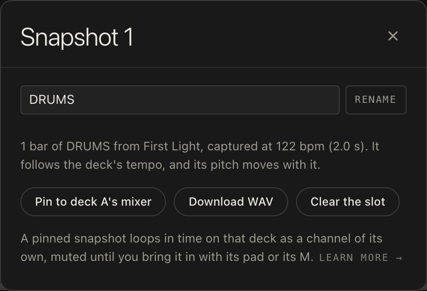 The Snapshot sheet: a rename field, Pin to deck A's mixer, Download WAV and Clear the slot