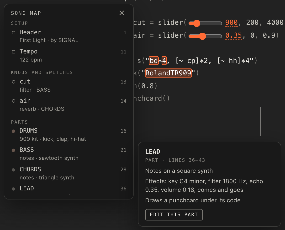 A song map entry's card, with its note, its details and the Edit this part button