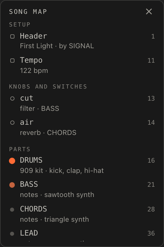 The song map docked beside the code, with one part's card open