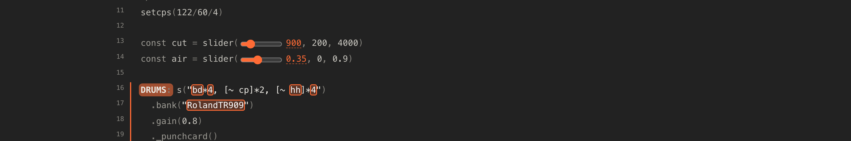 Two slider() lines in the code, each with a thin slider drawn under its number