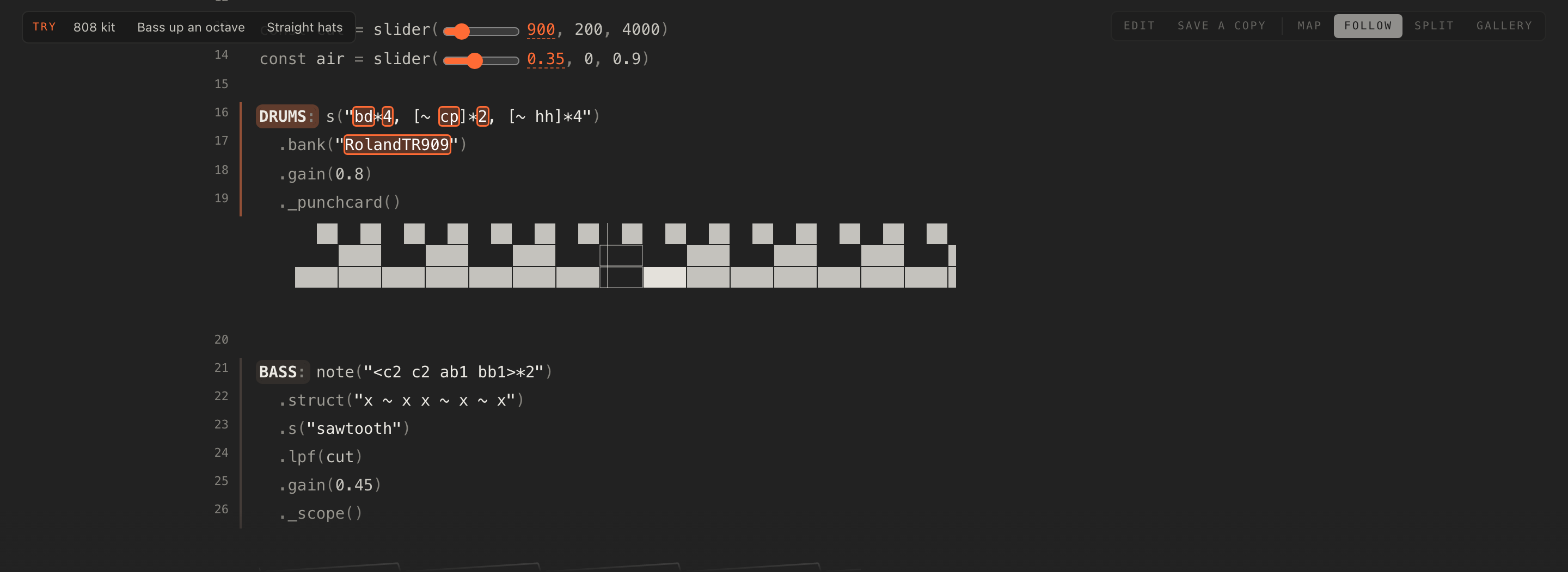 The stage with the code lit as it plays and a punchcard drawn under the drum line
