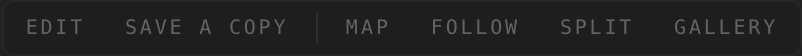 The stage bar while a song is being edited: Update, Done, Unsaved changes, Save, Save as new, Revert, then Map, Follow, Split and Gallery
