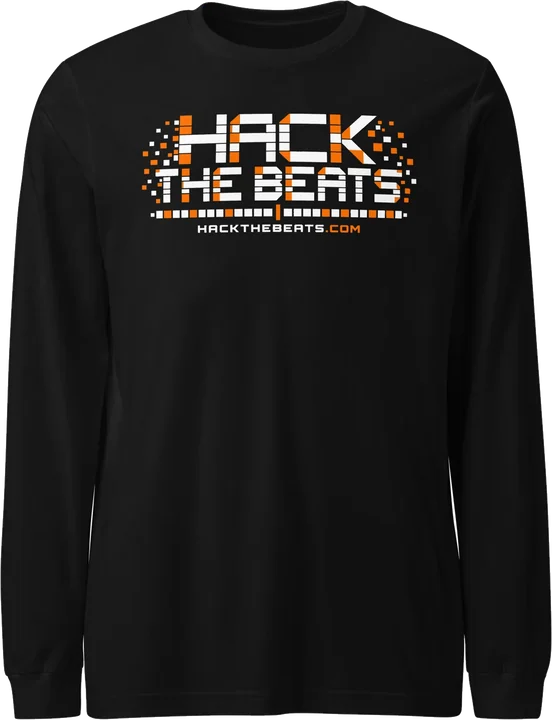 A black long-sleeve shirt with the Hack the Beats logo in white and orange pixels